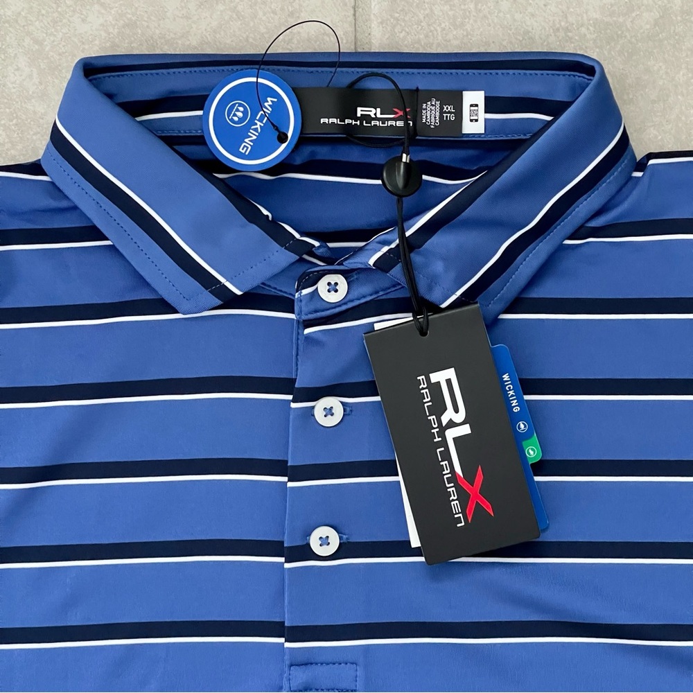 RLX Ralph Lauren Moisture wicking Wide Multistripe Polo Golf Shirt Liberty/White